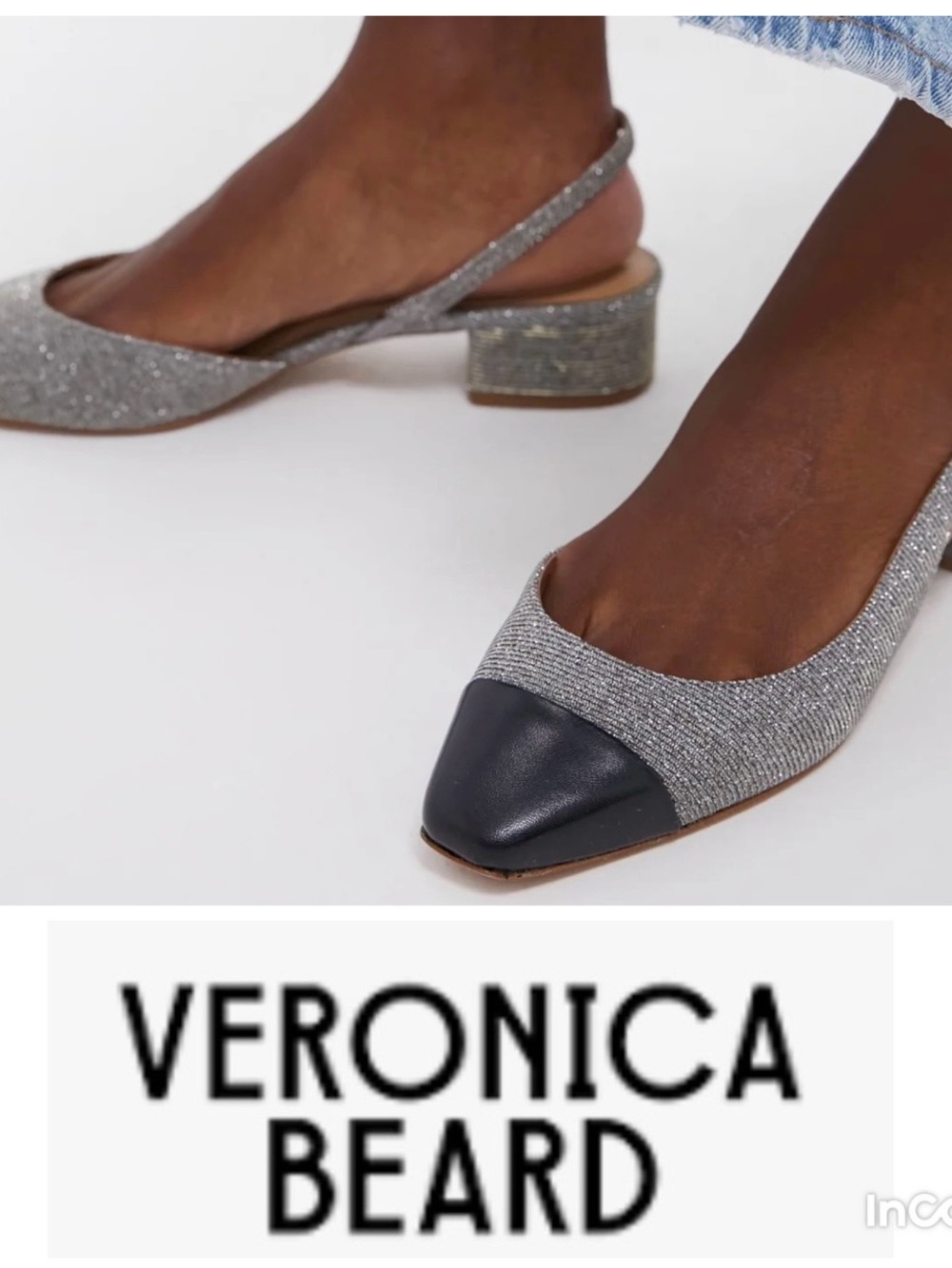 Veronica Beard Silver Glitter Cecile Slingback Pumps with Black Cap Toe